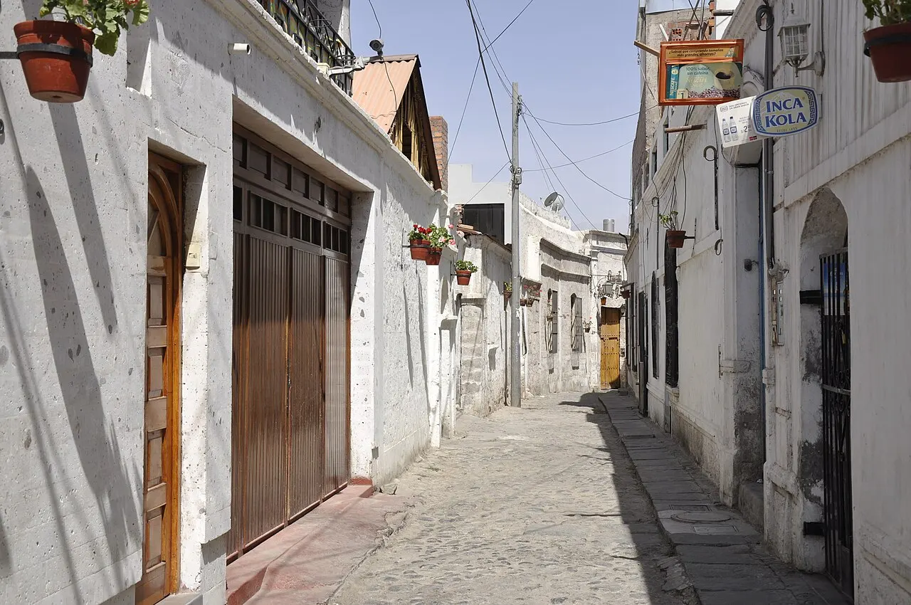 Ruela estreita e calçada entre casas brancas de pedra, com portas de madeira, vasos de flores pendurados e fios cruzando o céu.