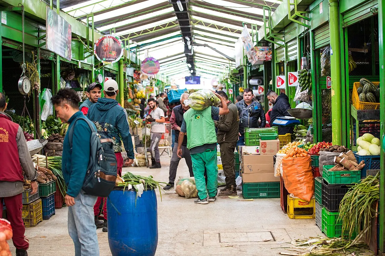 Corredor coberto de estrutura metálica verde no mercado de Paloquemao, com bancas de verdura e raízes nos dois lados, caixas plásticas empilhadas, um carregador com um saco de folhas no ombro e freguesia circulando.