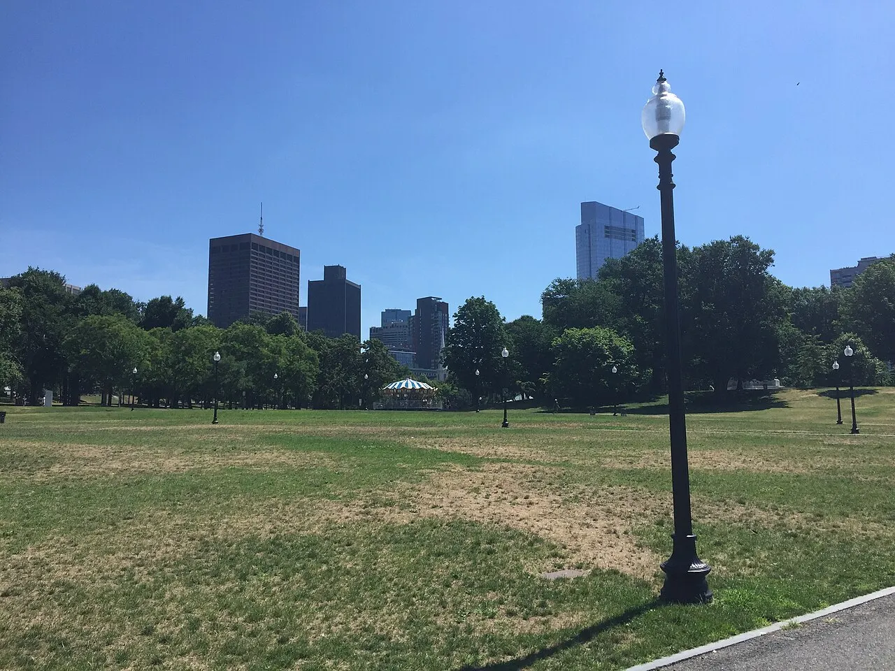Césped del Boston Common, con un farol, árboles y los edificios al fondo.