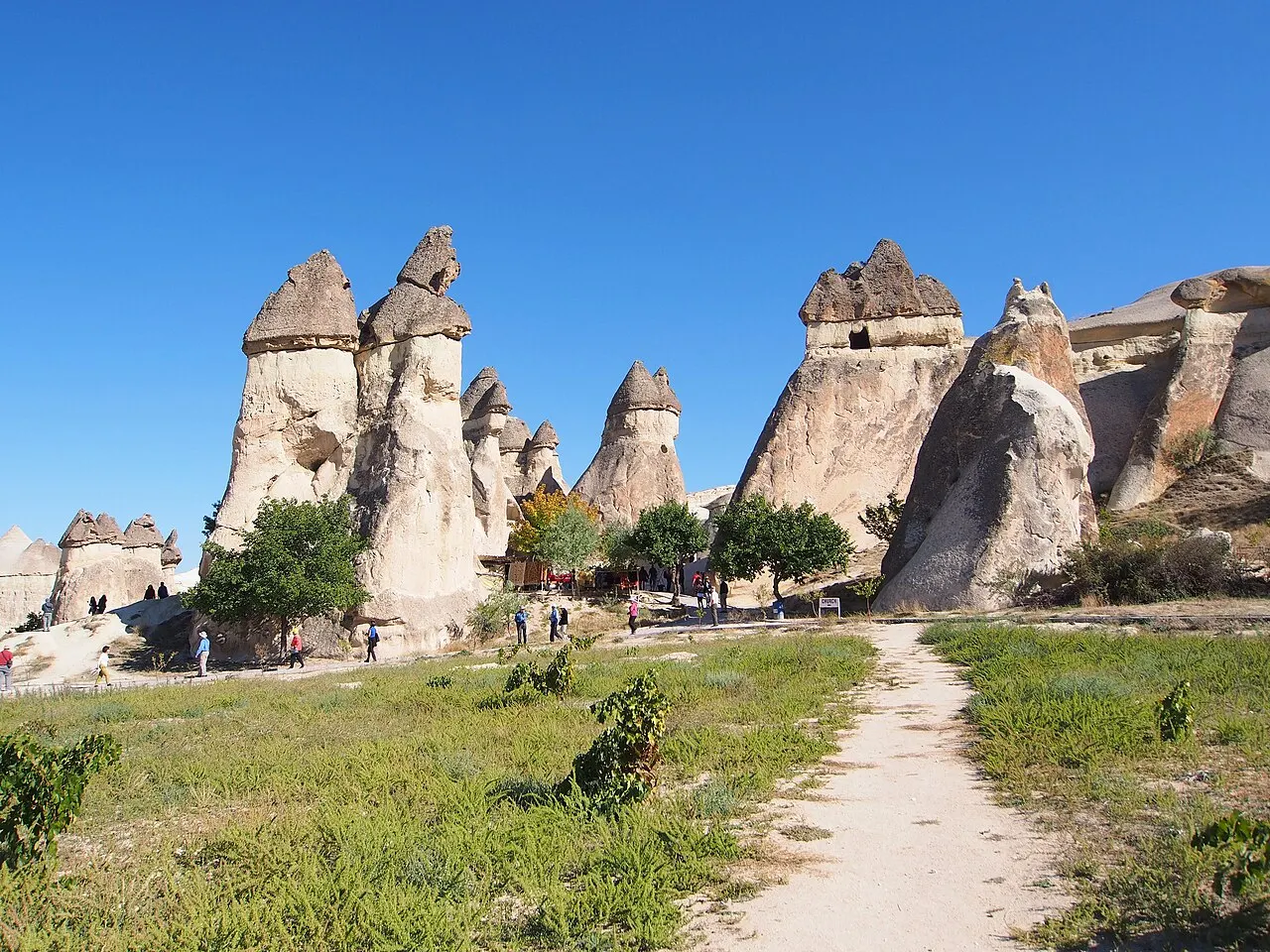As chaminés de fada de Paşabağ, colunas de rocha clara com pedras escuras no topo, ao lado de uma trilha de terra com grama verde, sob céu azul.