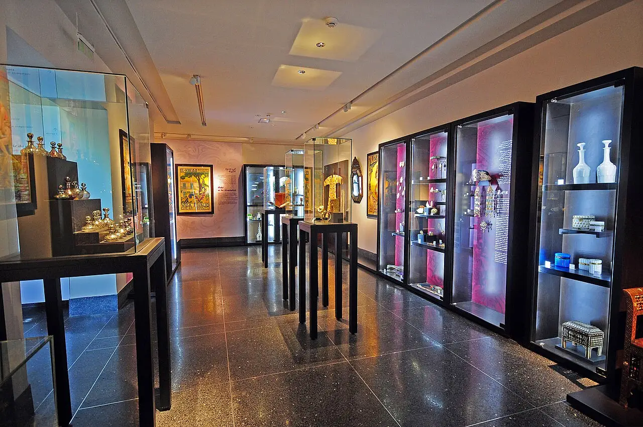 Uma galeria comprida com vitrines na parede da direita, piso escuro e luz do dia no fundo.