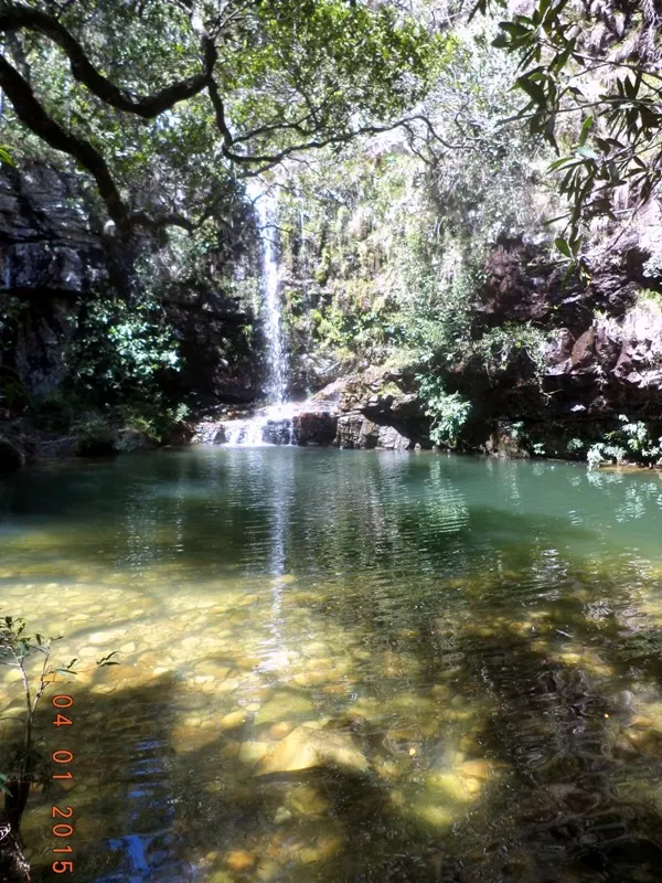 Uma pequena queda da Loquinhas caindo num poço de água transparente, cercado de pedra e mata.