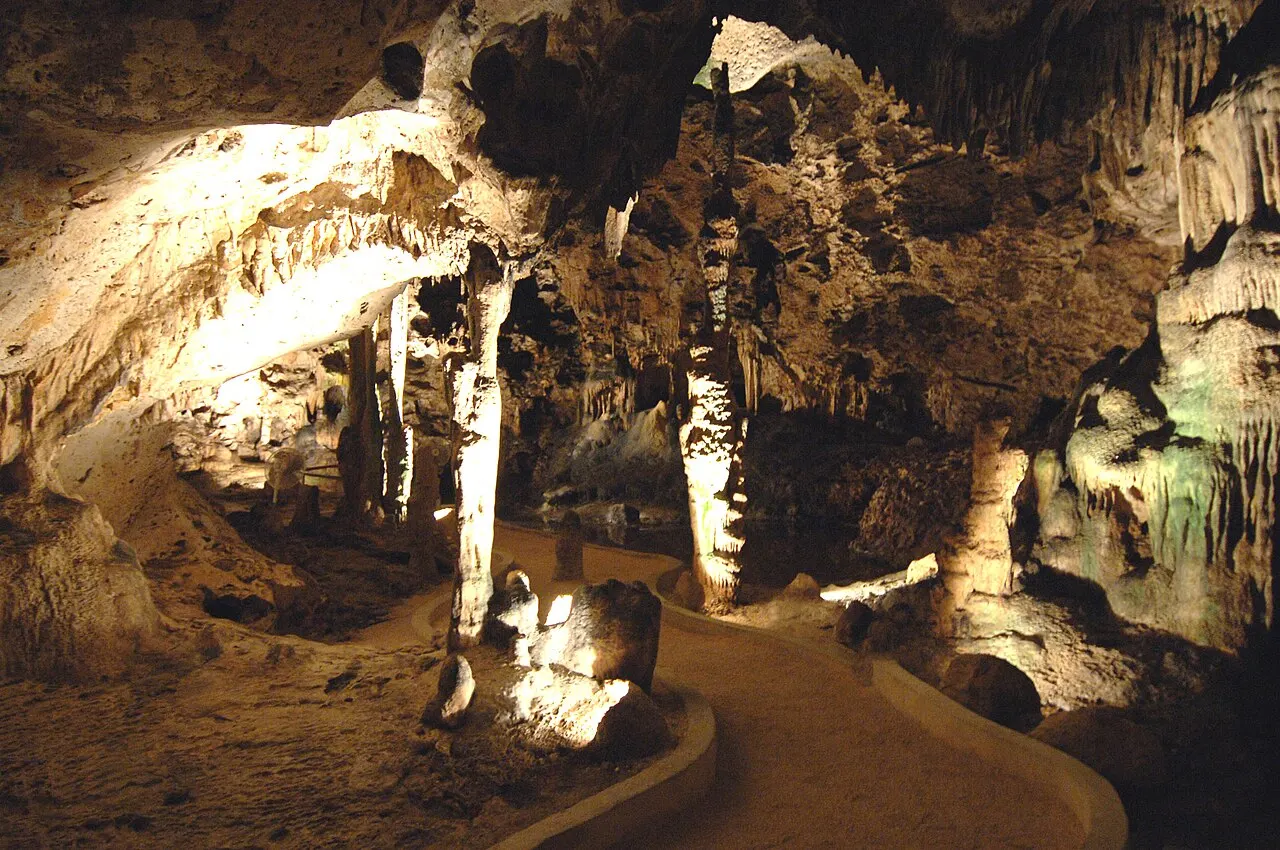O interior das Hato Caves, com estalactites e colunas de calcário iluminadas e um caminho de visitação no chão.