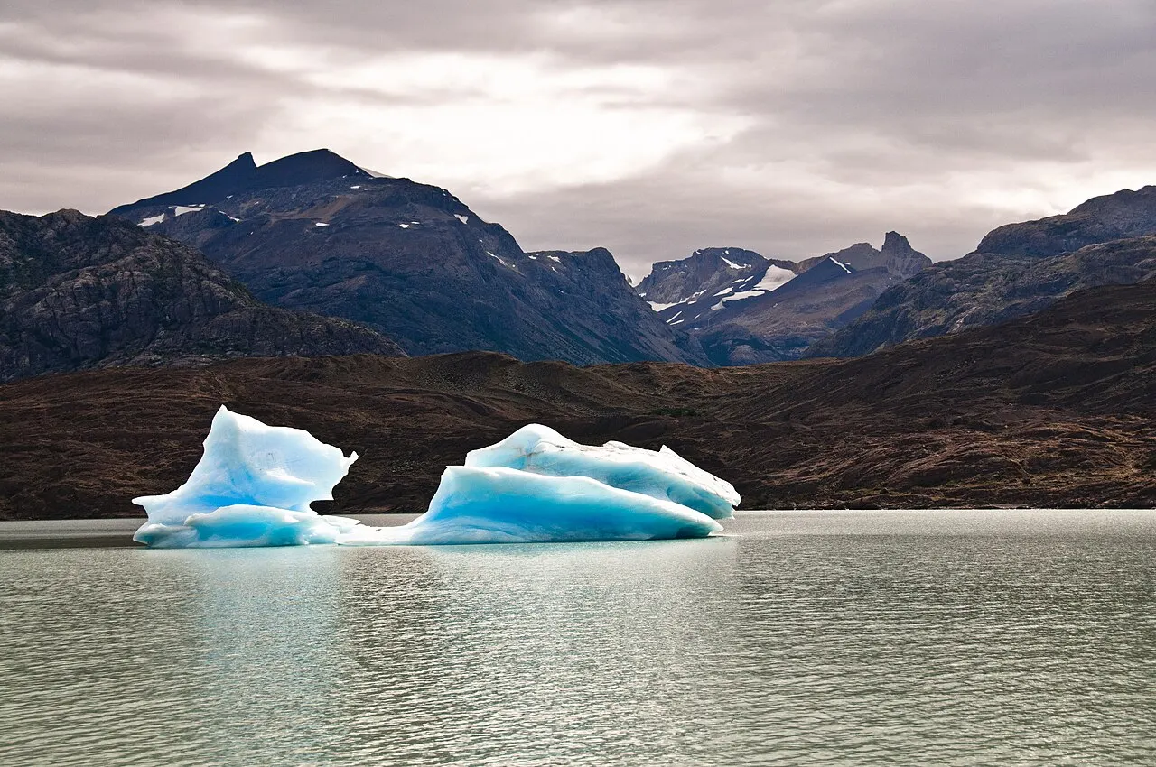 Dois blocos de gelo azul flutuando na água cinzenta do lago, com montanhas escuras ao fundo sob céu nublado.