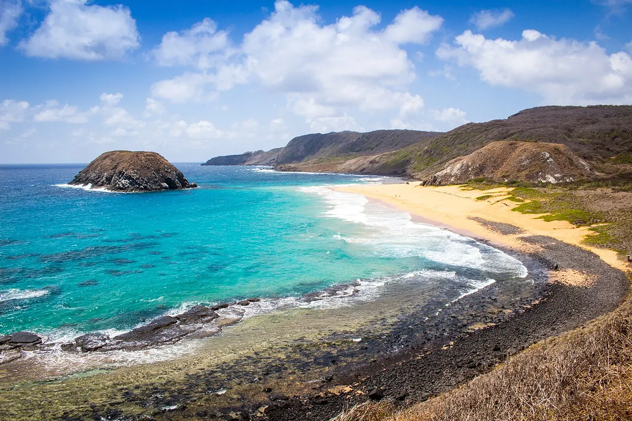 A Praia do Leão vista do alto, com uma longa faixa de areia dourada, mar azul e turquesa com ondas e o rochedo da Ilha do Leão perto da costa.