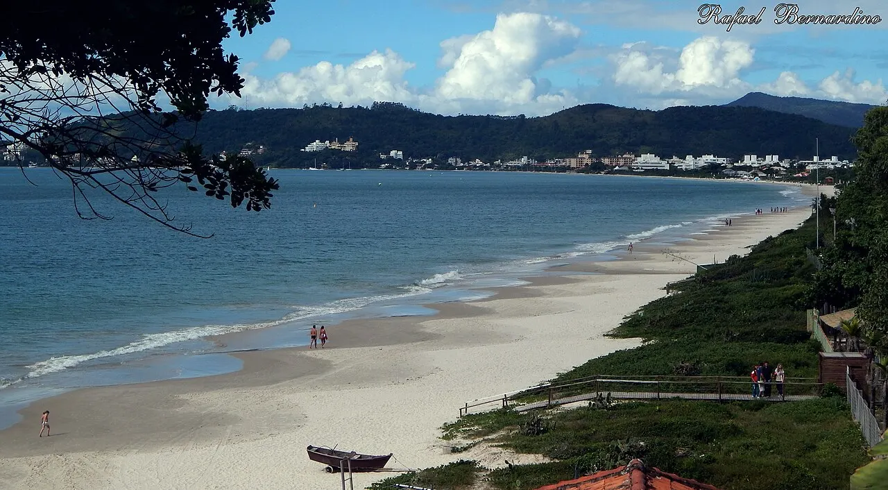A praia de Jurerê vista do alto de um morro, com uma faixa longa de areia clara, mar calmo, poucas pessoas e prédios baixos ao longo da orla ao fundo.