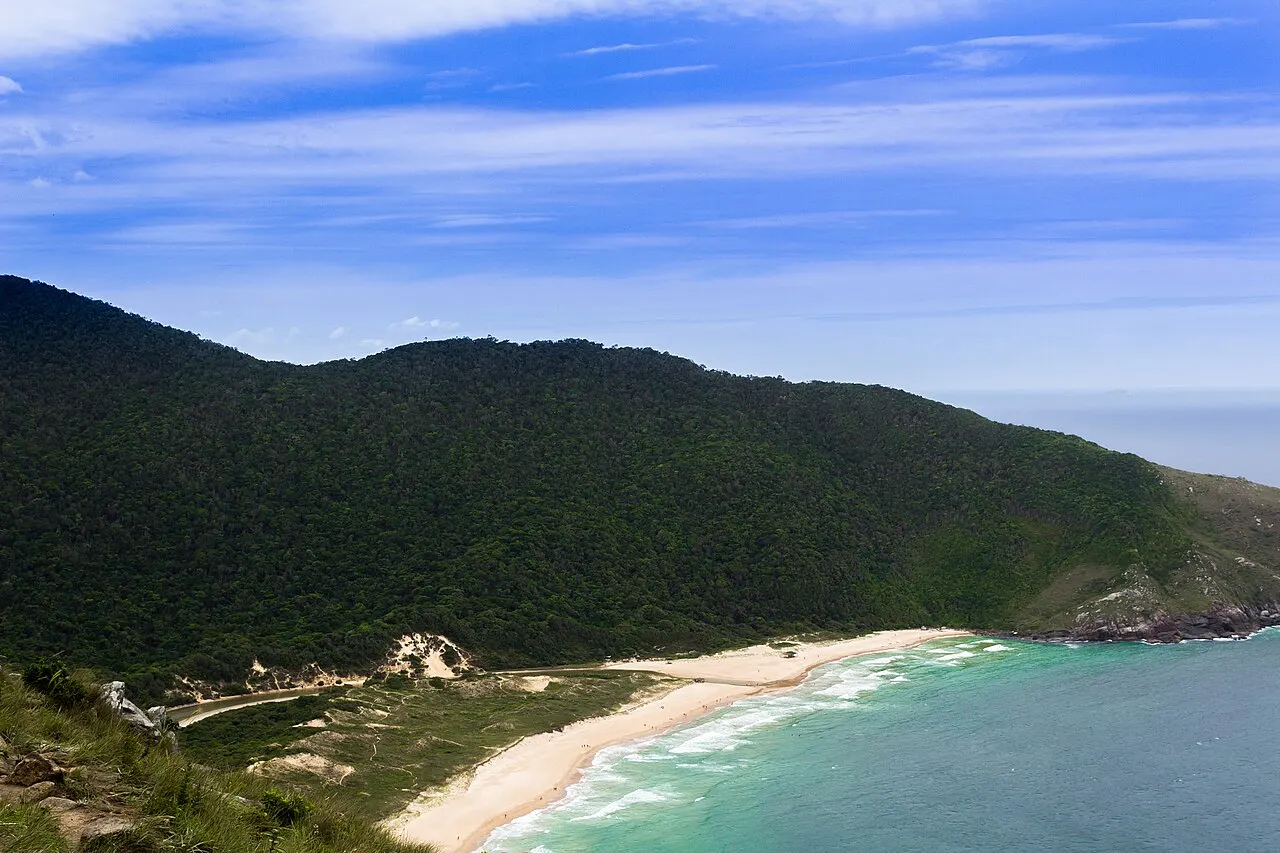 La plage de Lagoinha do Leste vue d’en haut, une bande de sable clair entre la colline boisée et la mer bleu-vert.