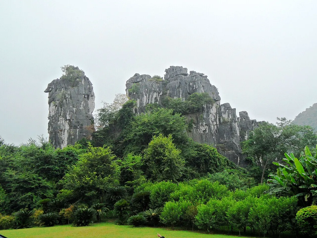 Grey limestone pinnacles rising above trees and shrubs, with a lawn in the foreground and a pale sky.