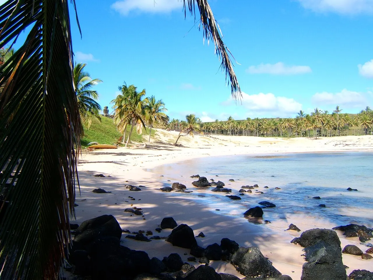 Areia branca e água azul-clara na praia de Anakena, com pedras escuras na beira, coqueiros ao fundo e uma folha de palmeira em primeiro plano.