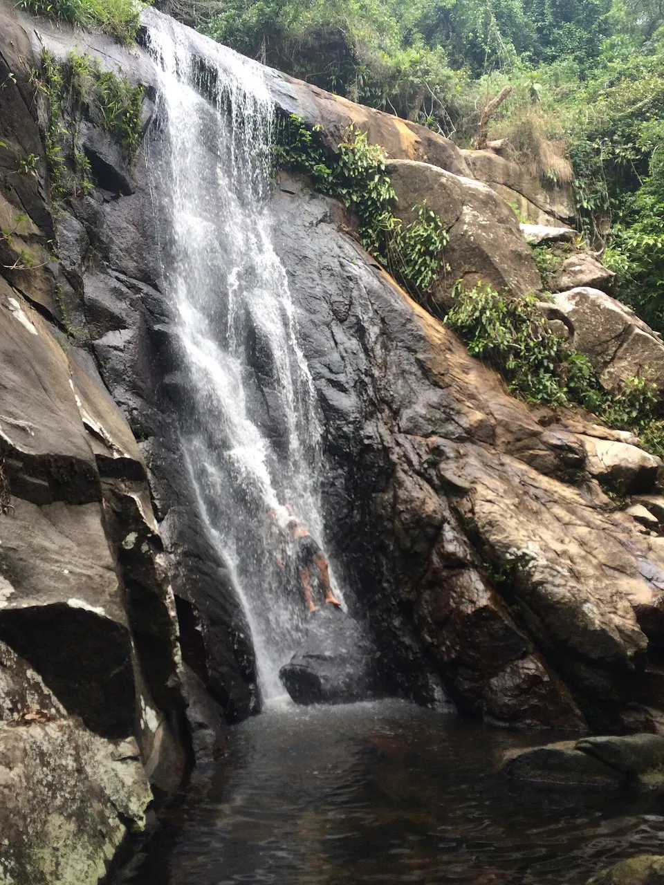 A água da Cachoeira da Feiticeira escorrendo pela parede de pedra alta, entre a vegetação.