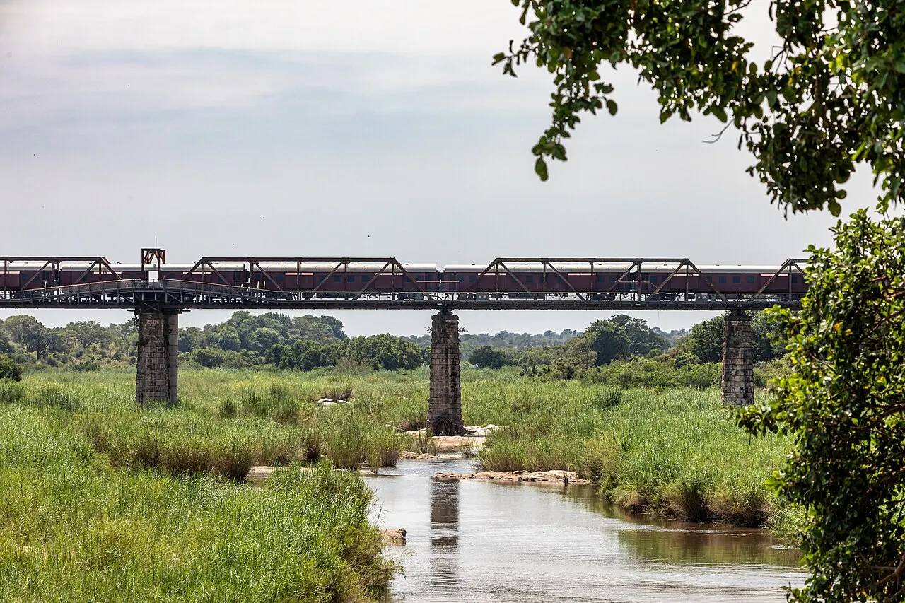 Puente ferroviario de celosía metálica sobre pilares de piedra que cruza un río poco profundo con pasto alto en las orillas, bajo un cielo nublado y con ramas de árbol a la derecha.