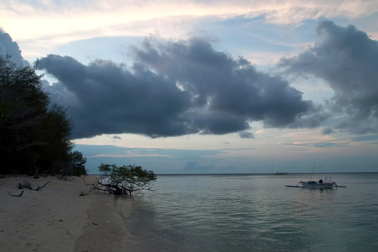 Plage de sable clair à Gili Meno en fin d'après-midi, avec un arbuste dans l'eau peu profonde, une barque de pêche à balanciers au mouillage et des nuages sombres sur la mer calme.