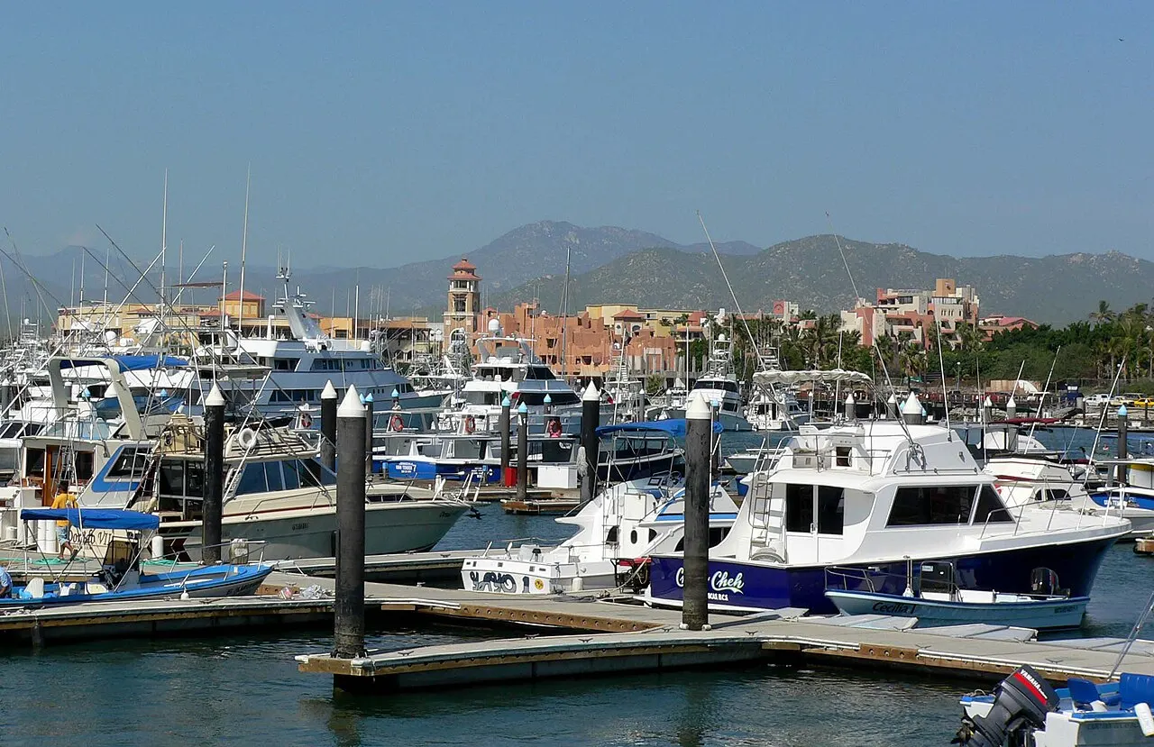 Muitos iates e barcos de pesca brancos atracados em píeres de madeira, com prédios, uma torre e serras ao fundo.