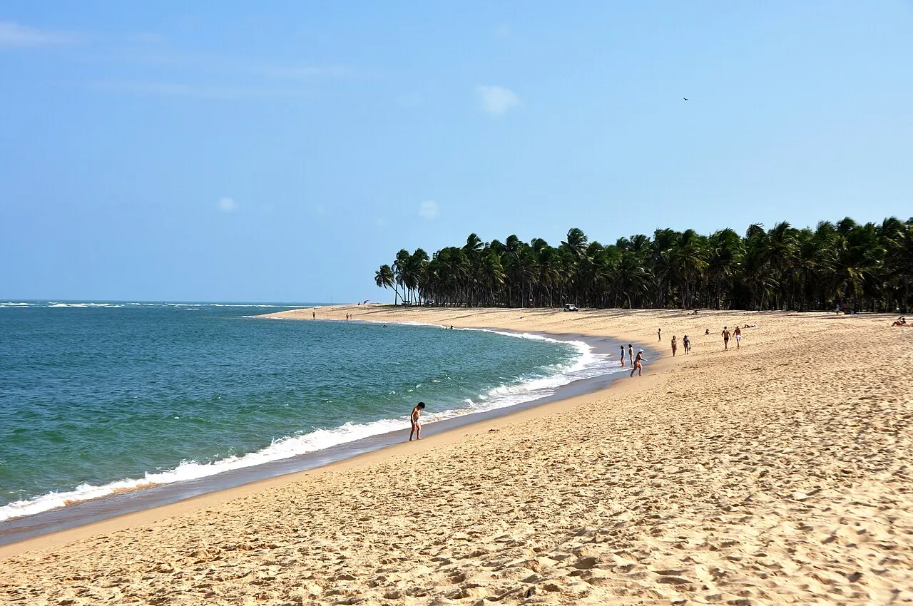 A Praia do Gunga, uma curva longa de areia clara entre o mar e um coqueiral denso, com algumas pessoas caminhando na beira da água.