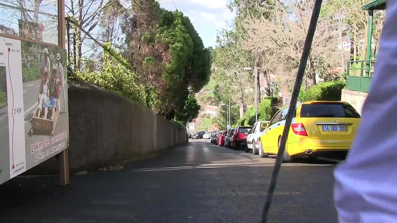 Uma rua em descida no Monte, vista de um carro de cesto, com carros estacionados à direita, muro e árvores à esquerda e parte de uma manga branca na borda direita.