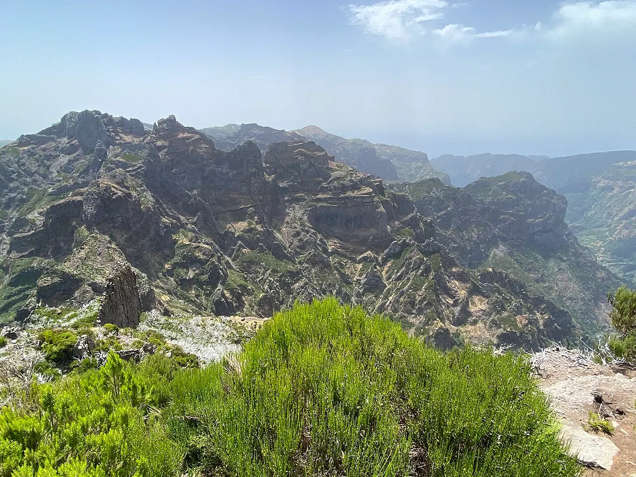 A vista do Pico Ruivo sobre cristas de rocha escura e vales fundos, com arbustos verdes em primeiro plano e céu claro.
