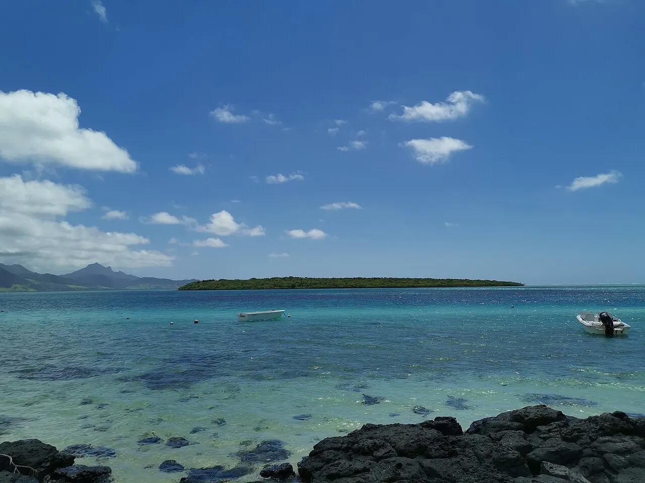 A Île aux Aigrettes ao longe, uma faixa baixa e verde no mar, vista da praia de Pointe d'Esny sobre a água rasa e o recife.