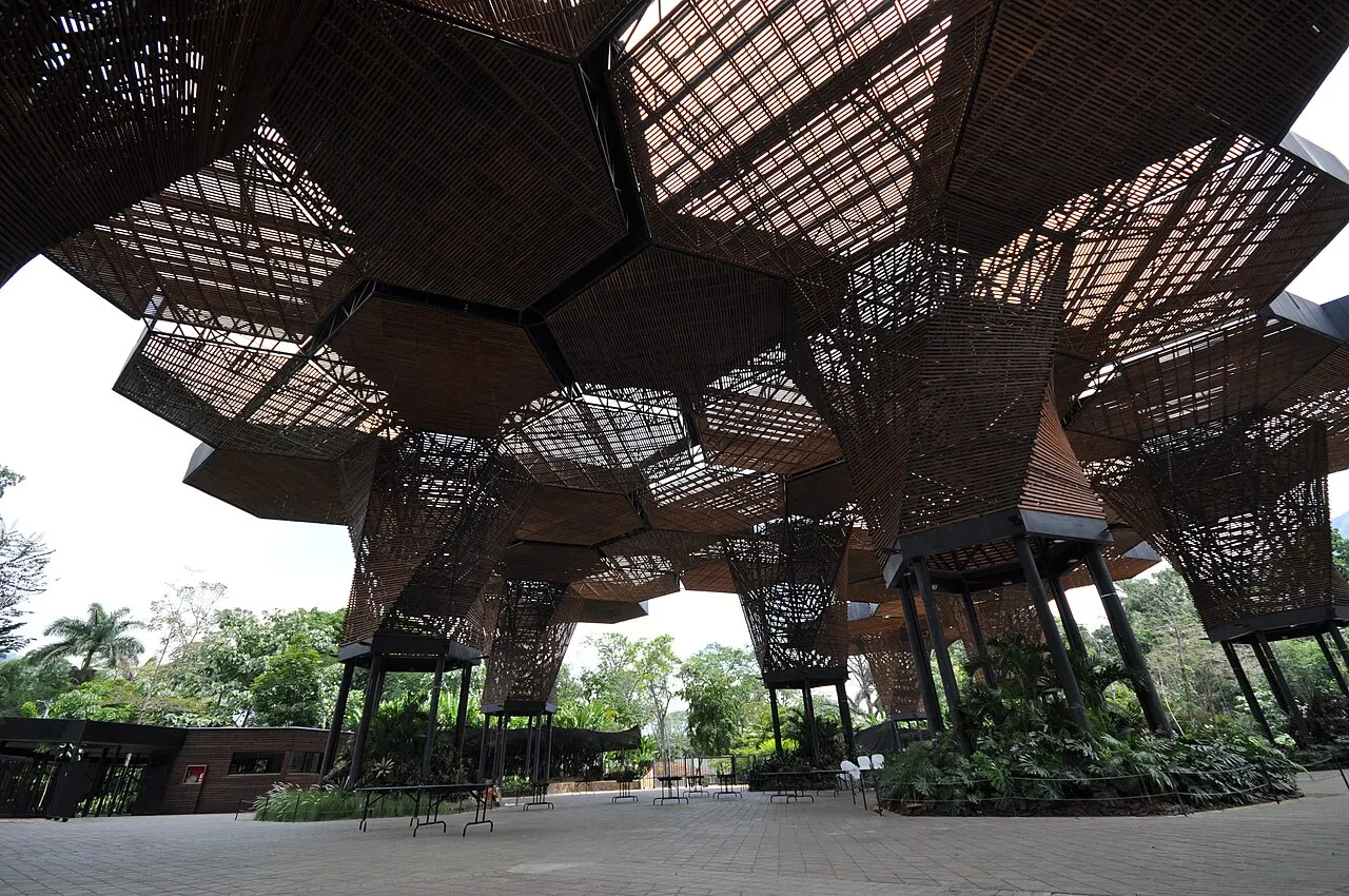 O orquideário do Jardim Botânico de Medellín, com sua cobertura hexagonal de madeira vista de baixo entre a vegetação.