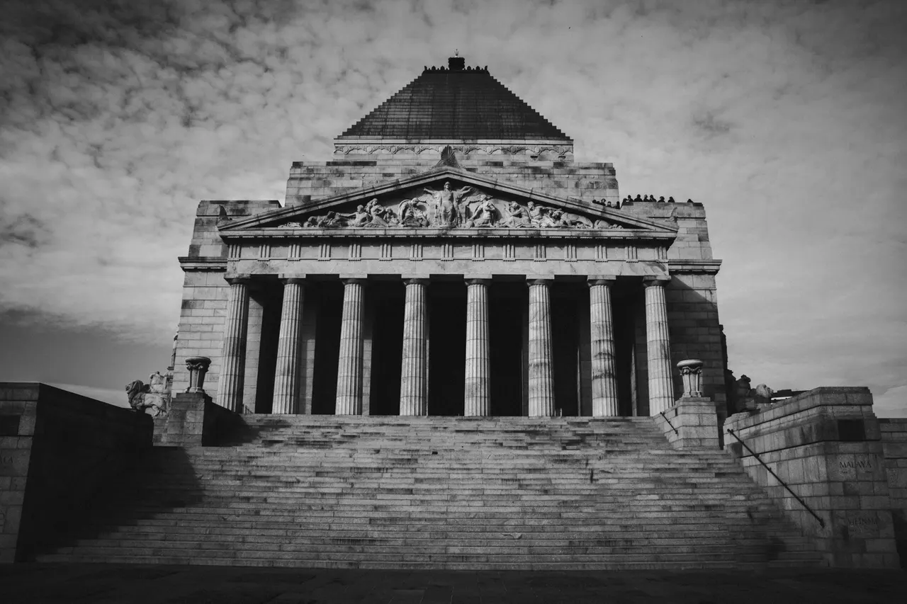 The Shrine of Remembrance, with its columned portico and stepped roof.