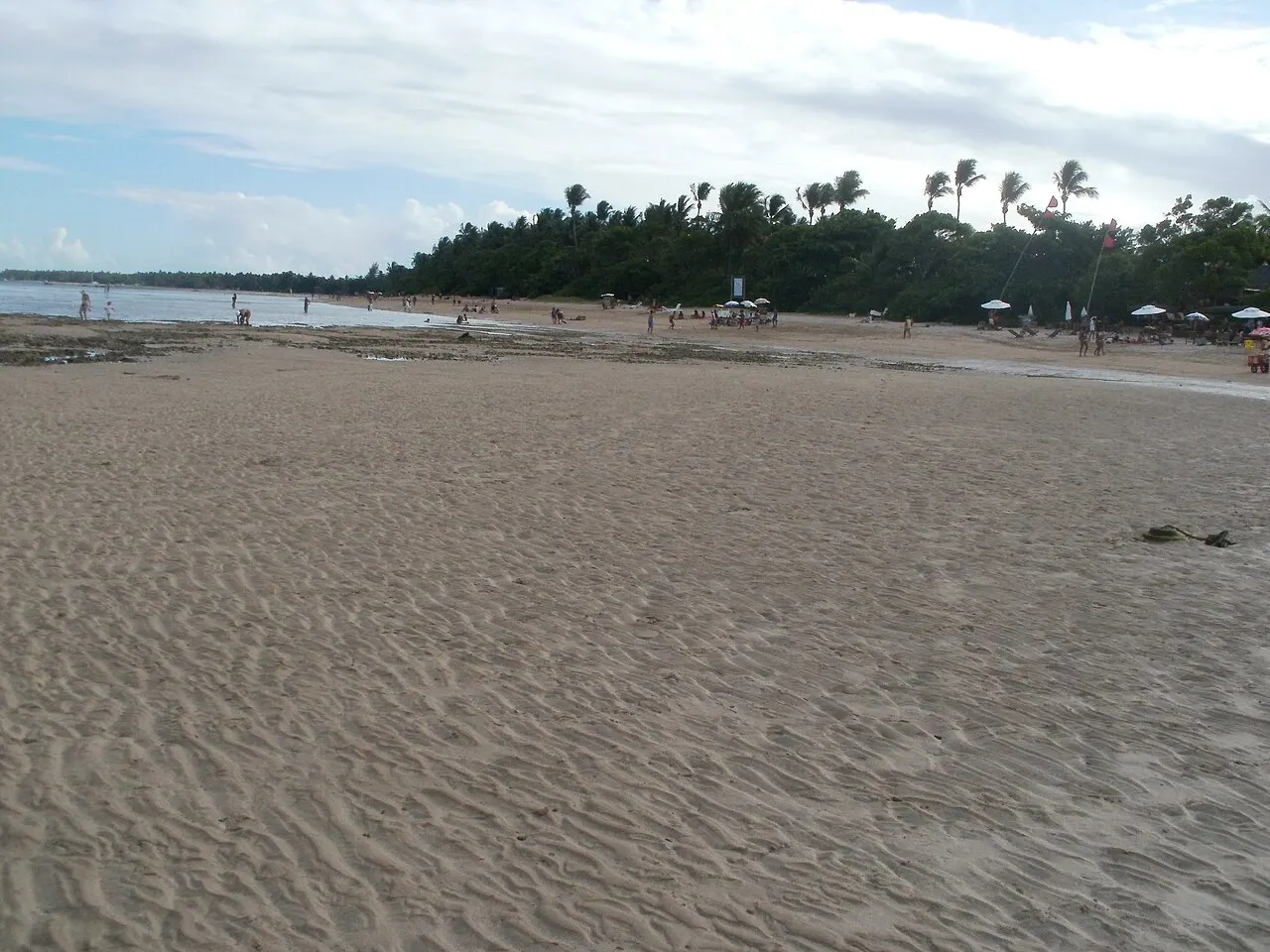 A Quarta Praia na maré baixa, com a faixa larga de areia molhada e a linha de coqueiros lá no fim.