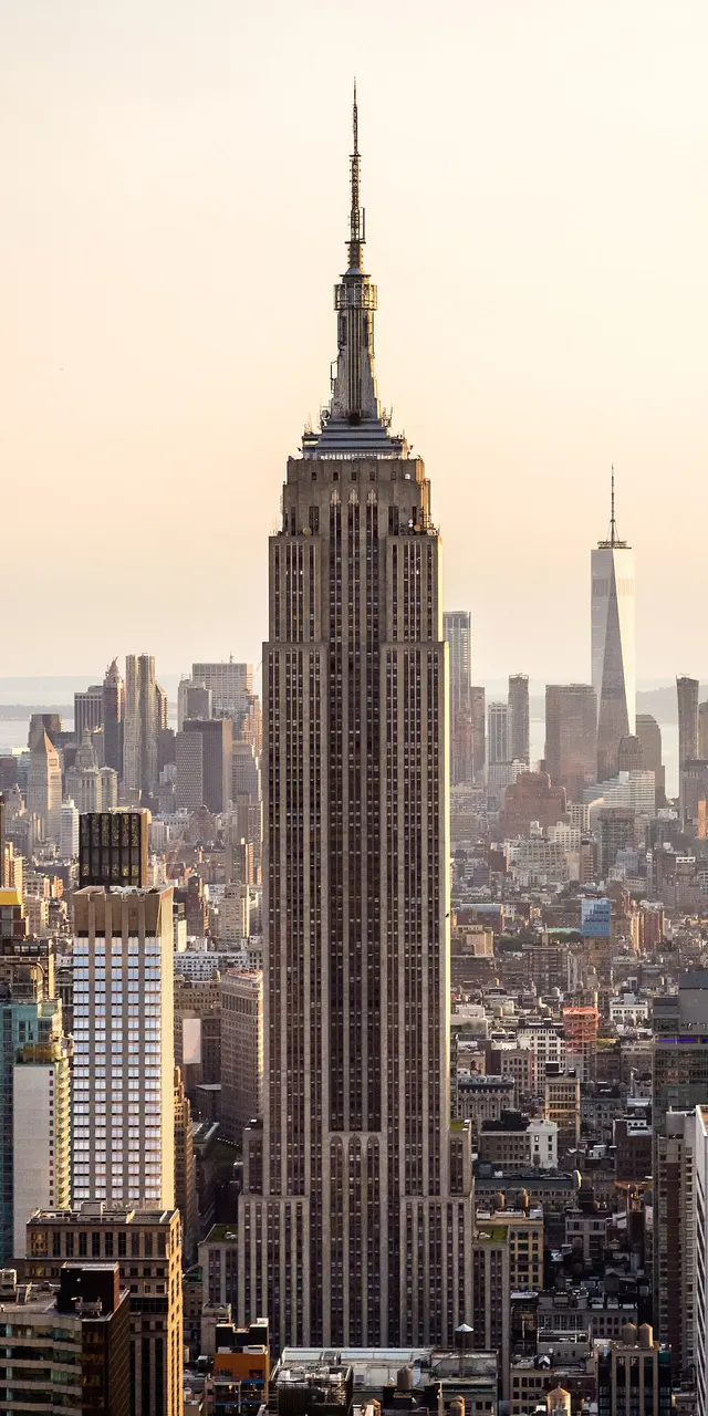 L'Empire State Building, à New York, avec sa tour à retraits et son mât au sommet, parmi d'autres immeubles.