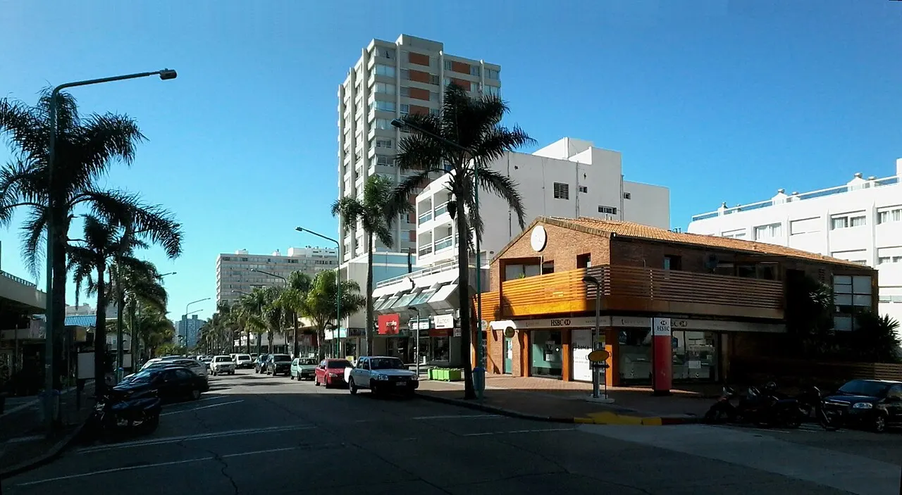 Uma esquina da Avenida Gorlero, com palmeiras na calçada, carros estacionados, uma loja de fachada laranja e prédios altos atrás.