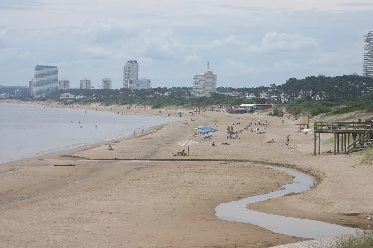 A Playa Mansa, uma praia larga de areia com um riacho raso cortando-a até a água calma, e os prédios de Punta del Este ao fundo.