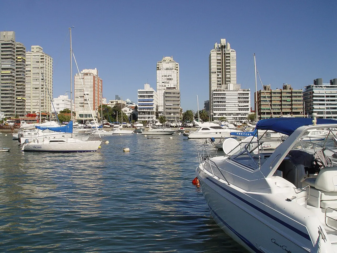 O porto de Punta del Este com veleiros e lanchas atracados, um barco branco em primeiro plano e os prédios altos da península atrás.