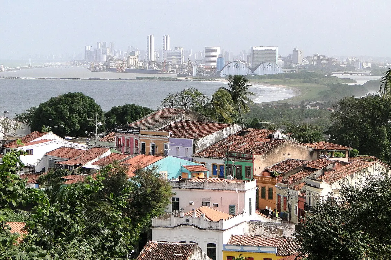 La vue depuis l'Alto da Sé : maisons colorées et toits d'Olinda entre les arbres, avec le littoral et les tours de Recife au loin sous un ciel brumeux.