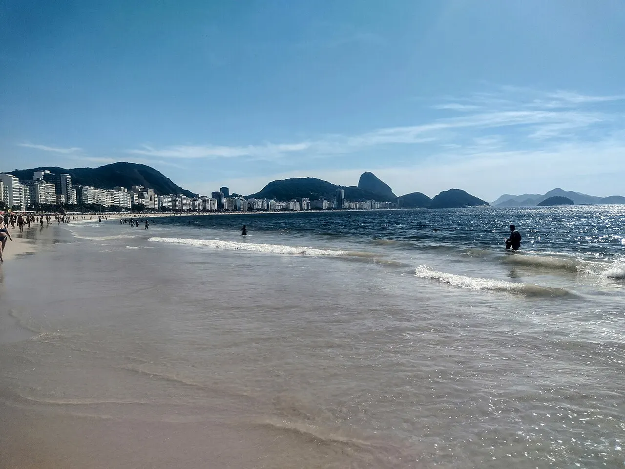 Praia de Copacabana com pessoas na areia e na água, o Pão de Açúcar e outros morros ao fundo, sob céu azul com poucas nuvens.
