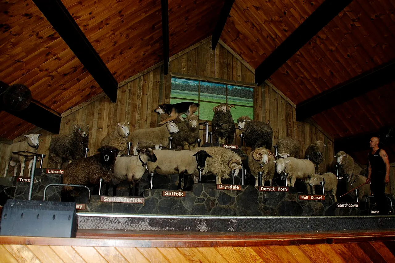 Rams of several breeds on the steps of a stage under a timber roof, each with a sign naming the breed.
