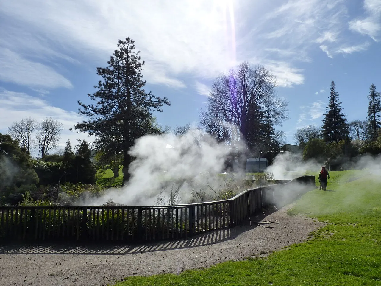 White clouds of steam rise behind a wooden fence in a grassy park with tall trees and a gravel path.
