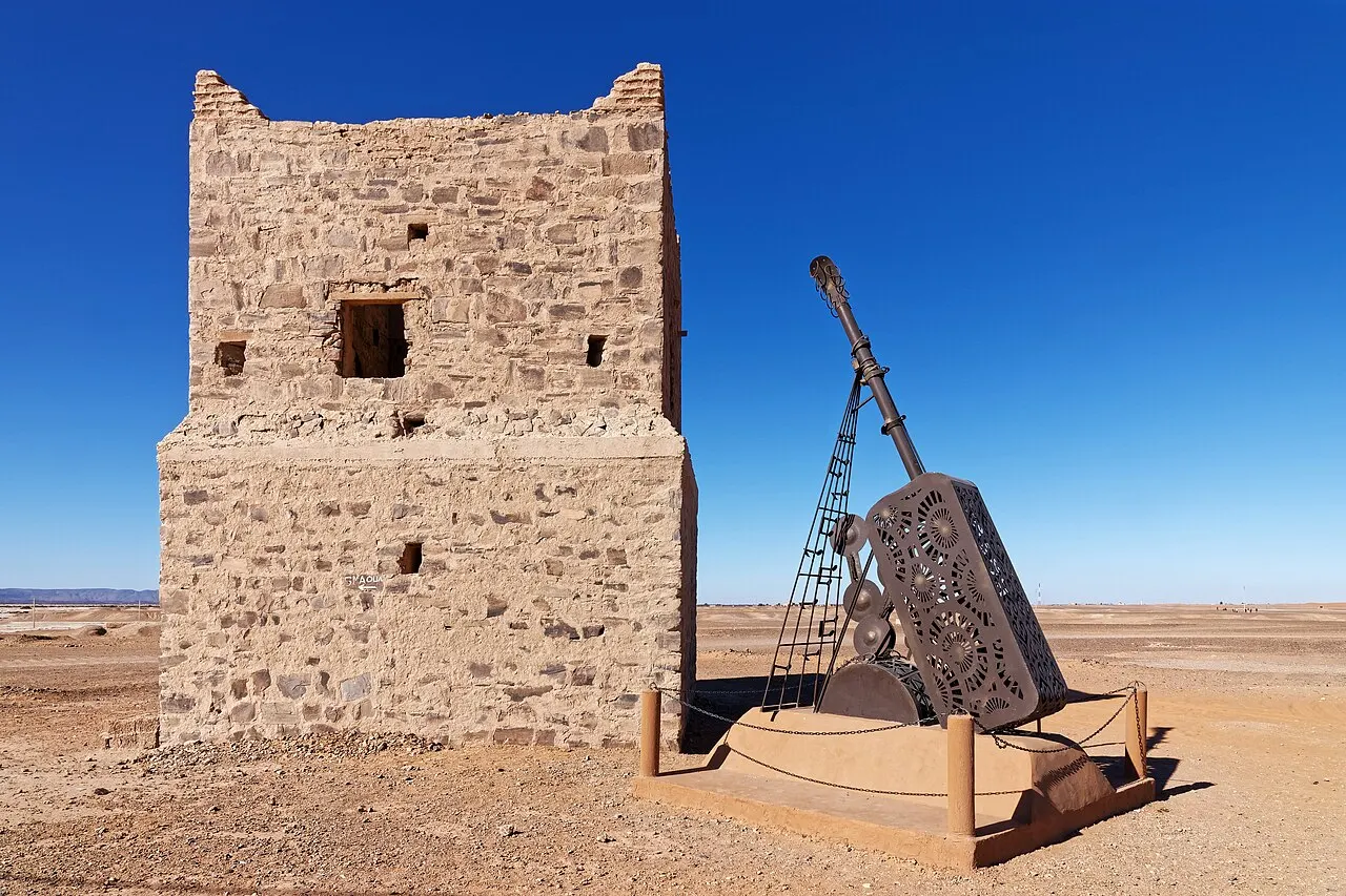 Uma torre de pedra em ruínas ao lado de uma escultura metálica de instrumento musical estilizado, isoladas no deserto sob céu azul sem nuvens.