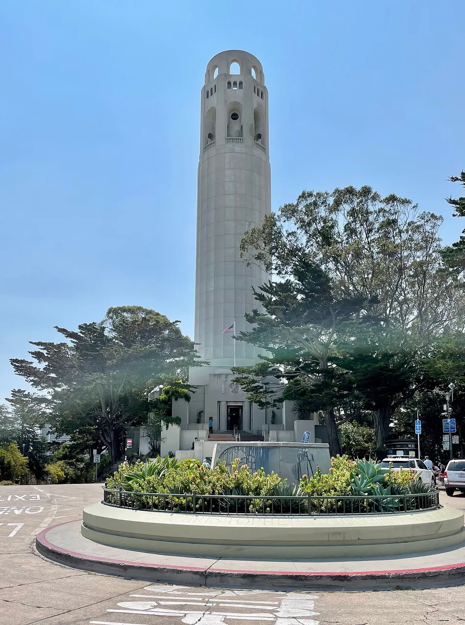 Coit Tower, torre cilíndrica clara no alto do Telegraph Hill, em São Francisco, entre árvores.