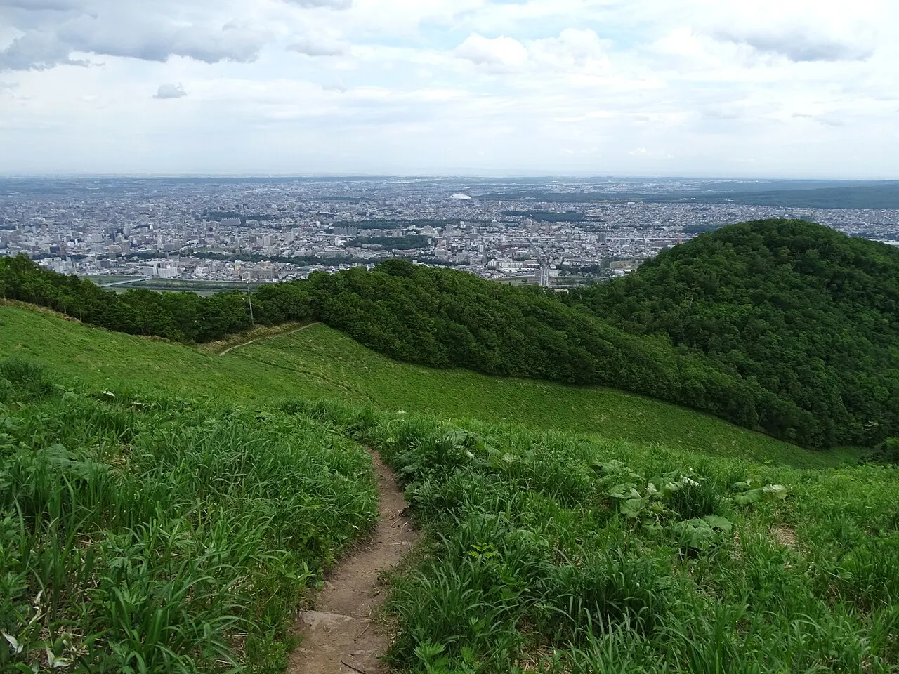 A narrow dirt trail runs down a slope of tall grass towards forested hills, with a vast flat city in the background under a cloudy sky.