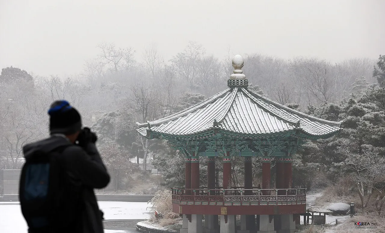 Pavilhão coreano de telhado curvo coberto de neve, entre árvores brancas.