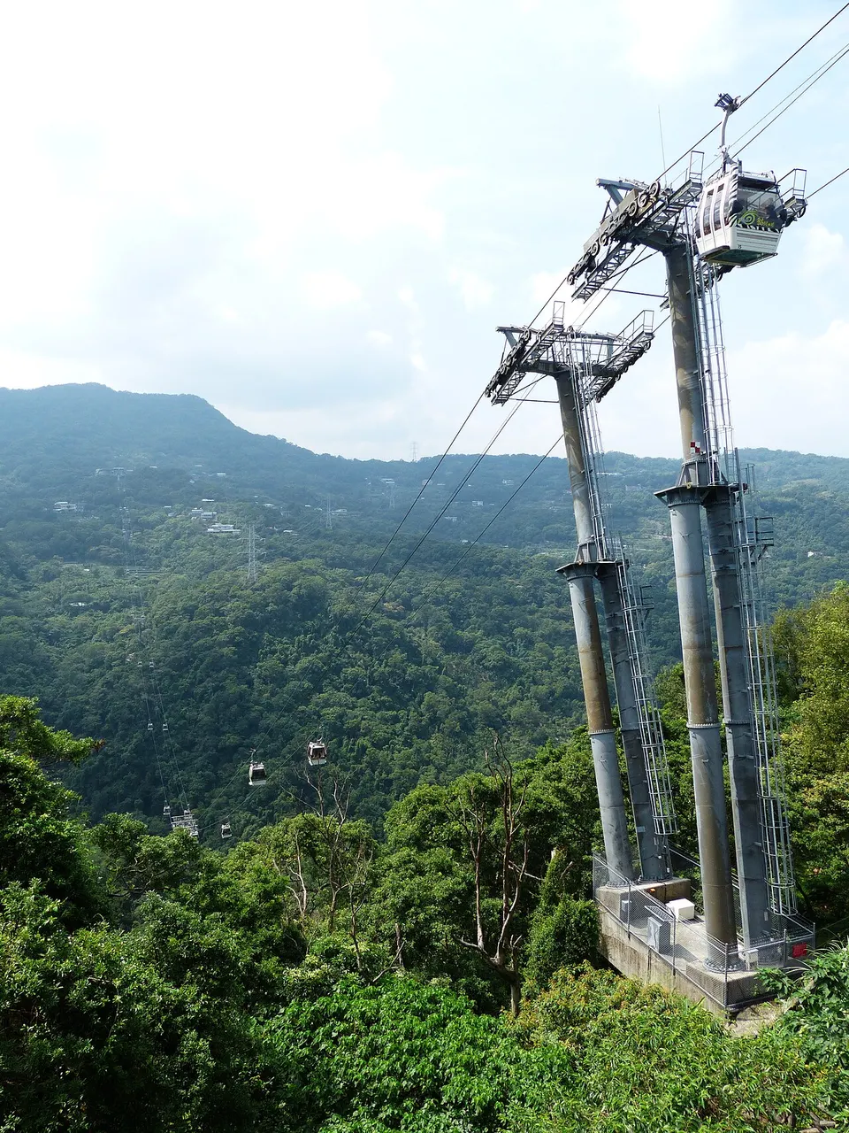 Torre metálica alta sustentando os cabos do teleférico, sobre uma encosta coberta de floresta.