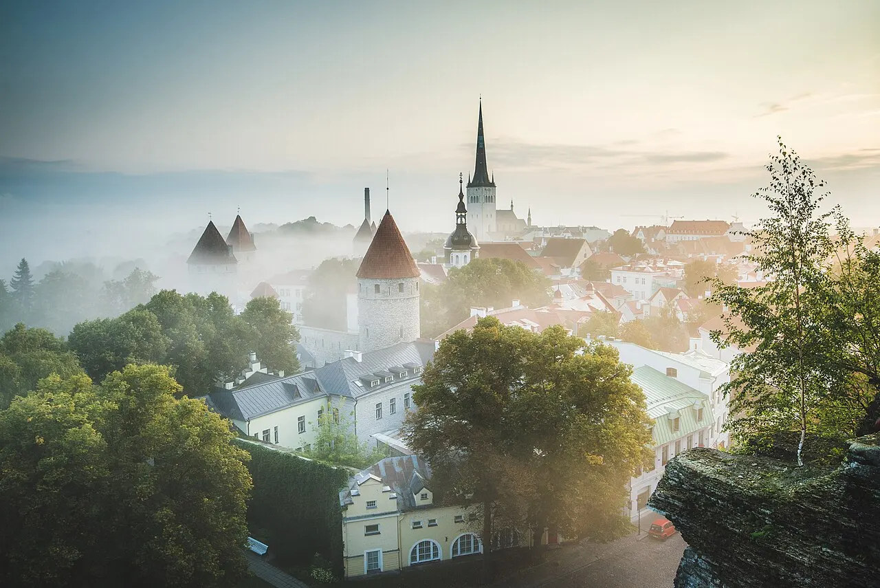 Vista elevada da Cidade Velha de Tallinn ao nascer do sol, com torres de muralha, telhados vermelhos e uma torre de igreja pontiaguda emergindo da névoa.