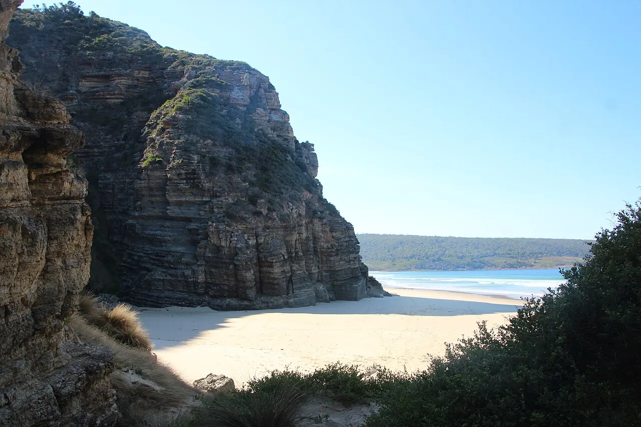 A layered rock cliff above a pale sand beach on Bruny Island, with the sea and a wooded coastline in the distance.