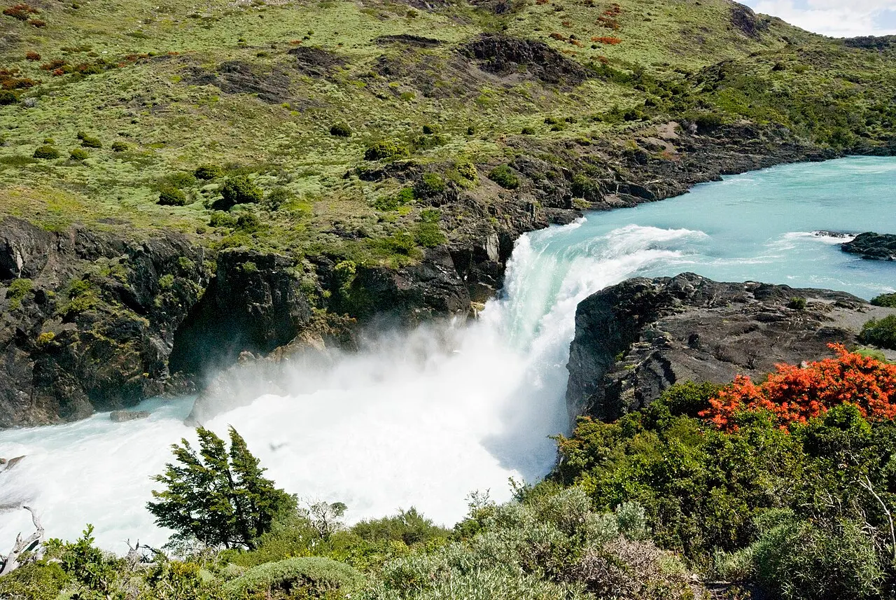 A cachoeira do Salto Grande, uma queda larga de água branca e turquesa entre rochas escuras, com arbustos de flor vermelha na margem.