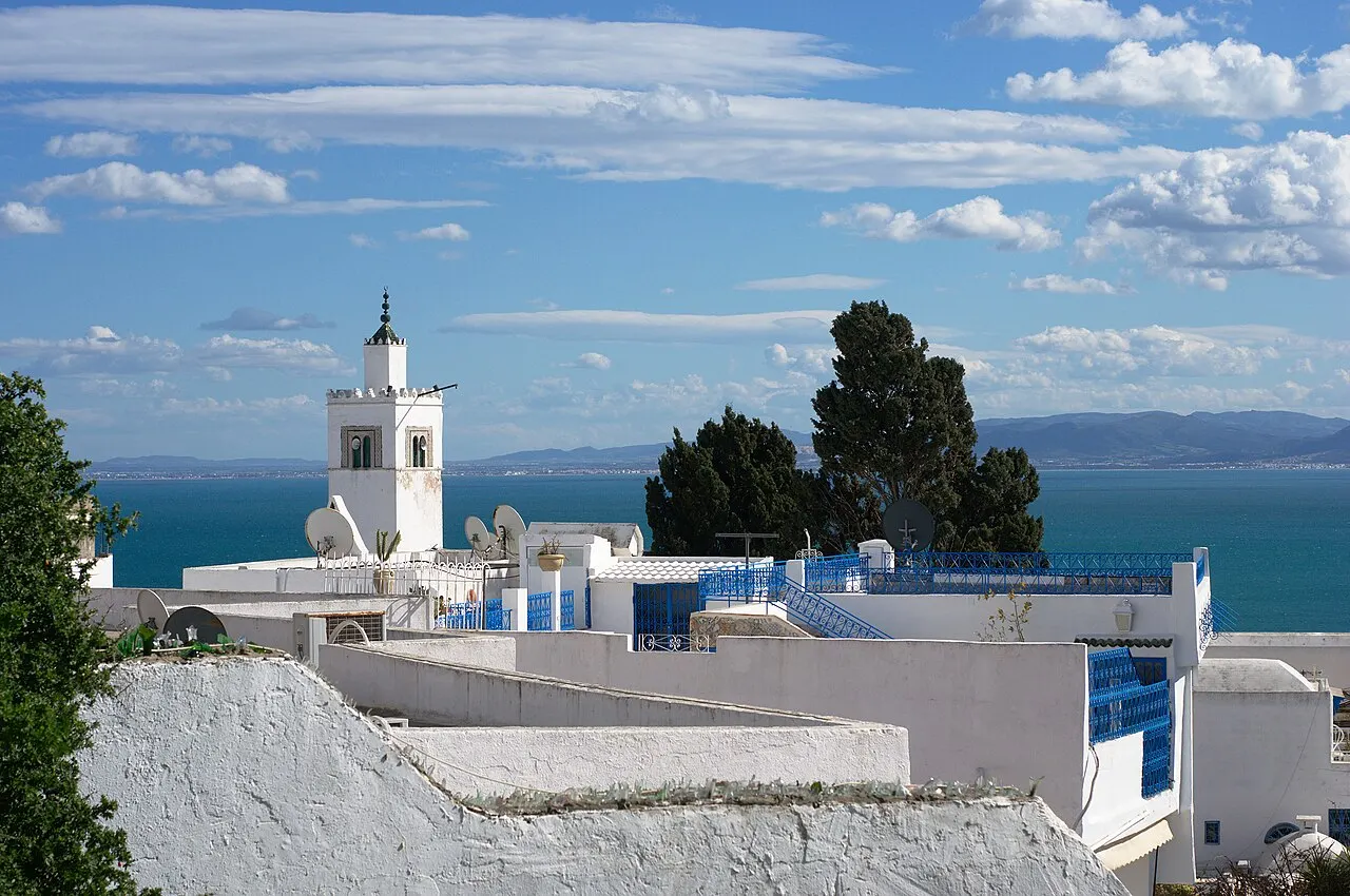 Telhados brancos com grades azuis de Sidi Bou Saïd, um minarete ao centro e o mar Mediterrâneo ao fundo, sob céu com nuvens.