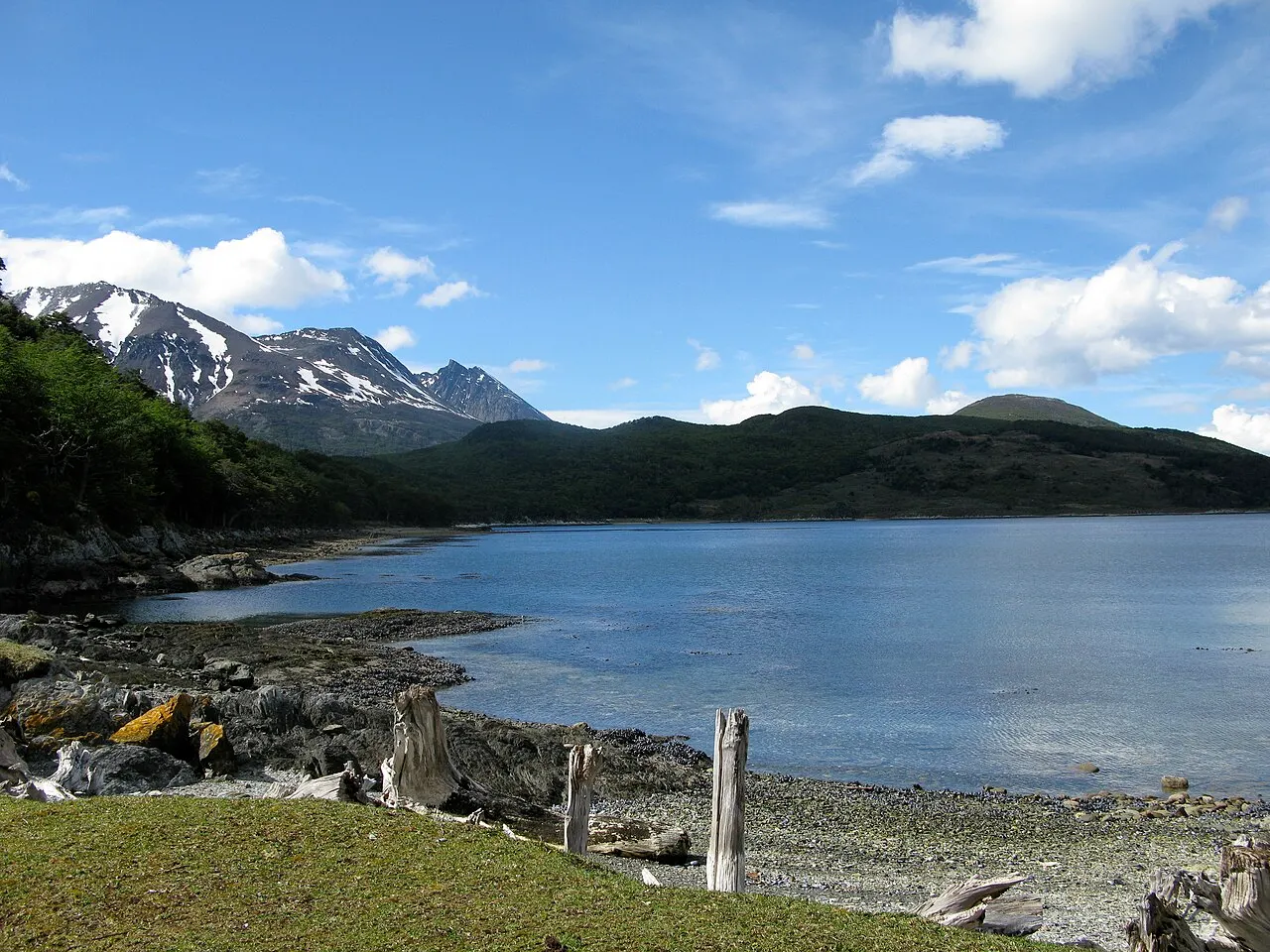 Baía calma cercada de montanhas com neve no topo no Parque Nacional Tierra del Fuego, com troncos secos na margem pedregosa em primeiro plano.