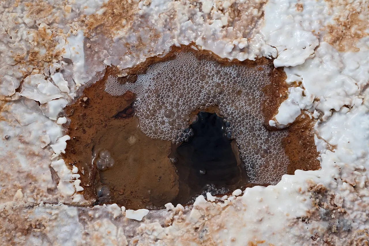 Poça escura borbulhando numa crosta branca e marrom do Salar de Uyuni.