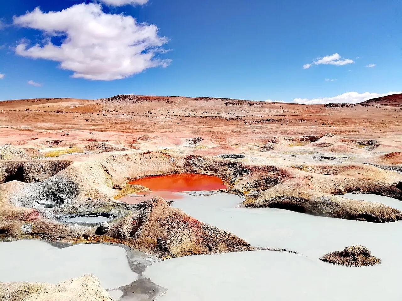O campo geotérmico Sol de Mañana, com poças de lama clara, uma poça avermelhada e terreno árido sob céu azul.