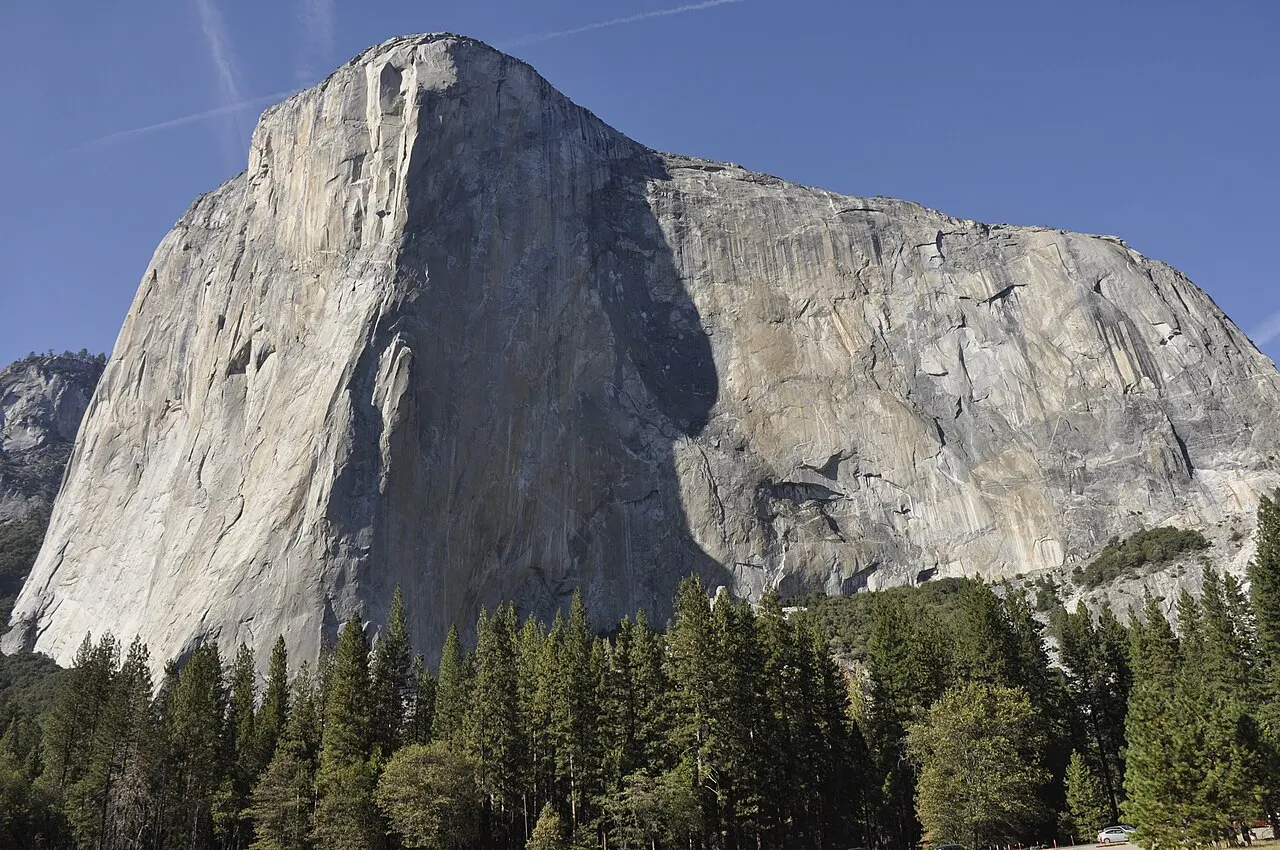 O enorme paredão de granito de El Capitan visto de baixo, com uma fileira de pinheiros na base.