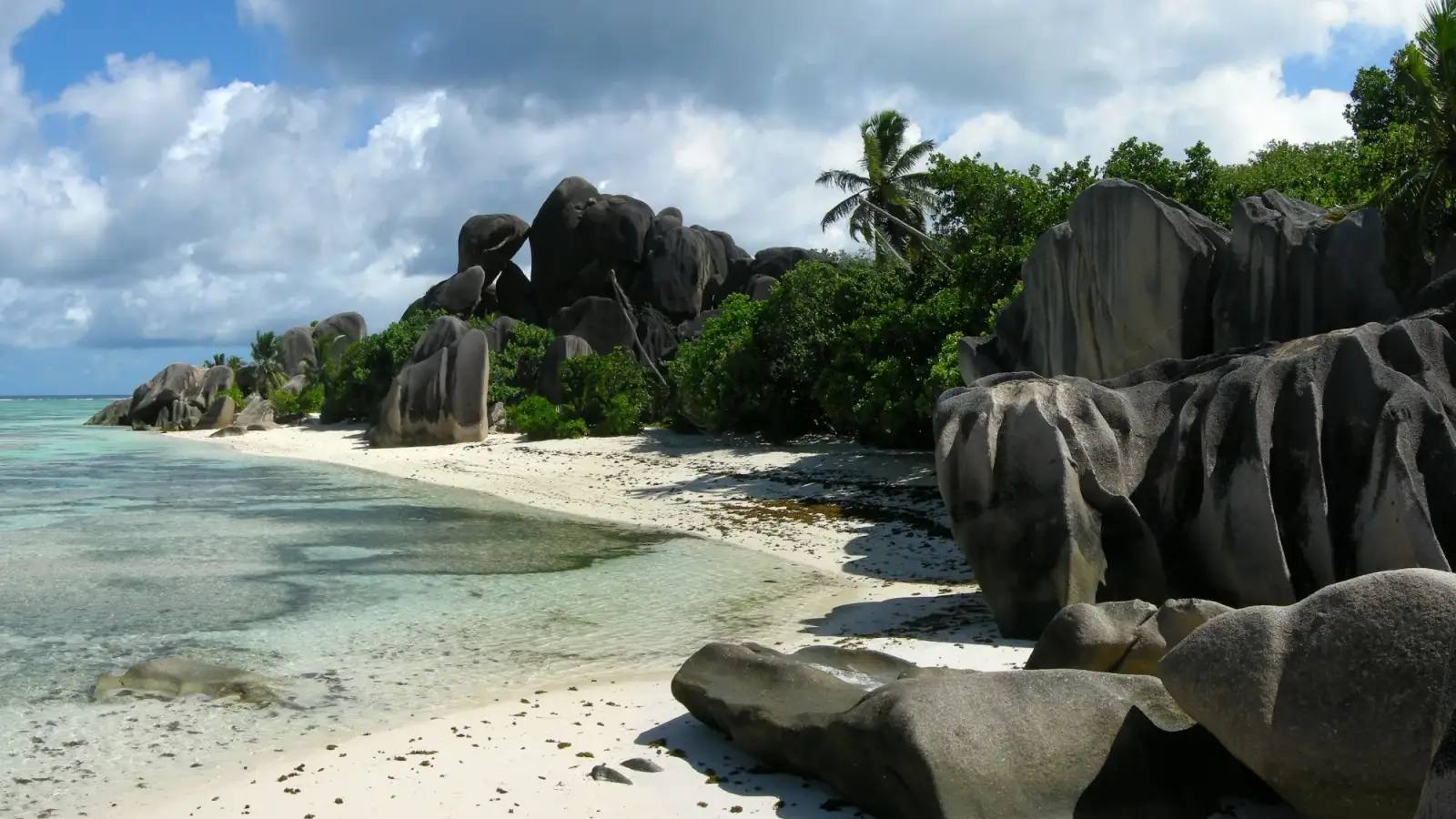 Plage de sable blanc avec de grands blocs de granit gris, une végétation verte et une eau peu profonde et transparente à Anse Source d'Argent, La Digue