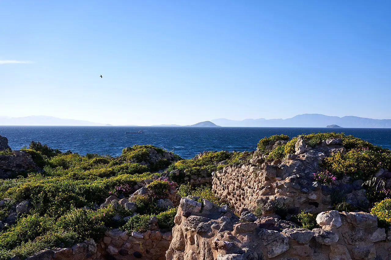 Vista do Golfo Sarônico a partir de ruínas de pedra na cidadela antiga de Egina, com flores amarelas e ilhas distantes no horizonte.