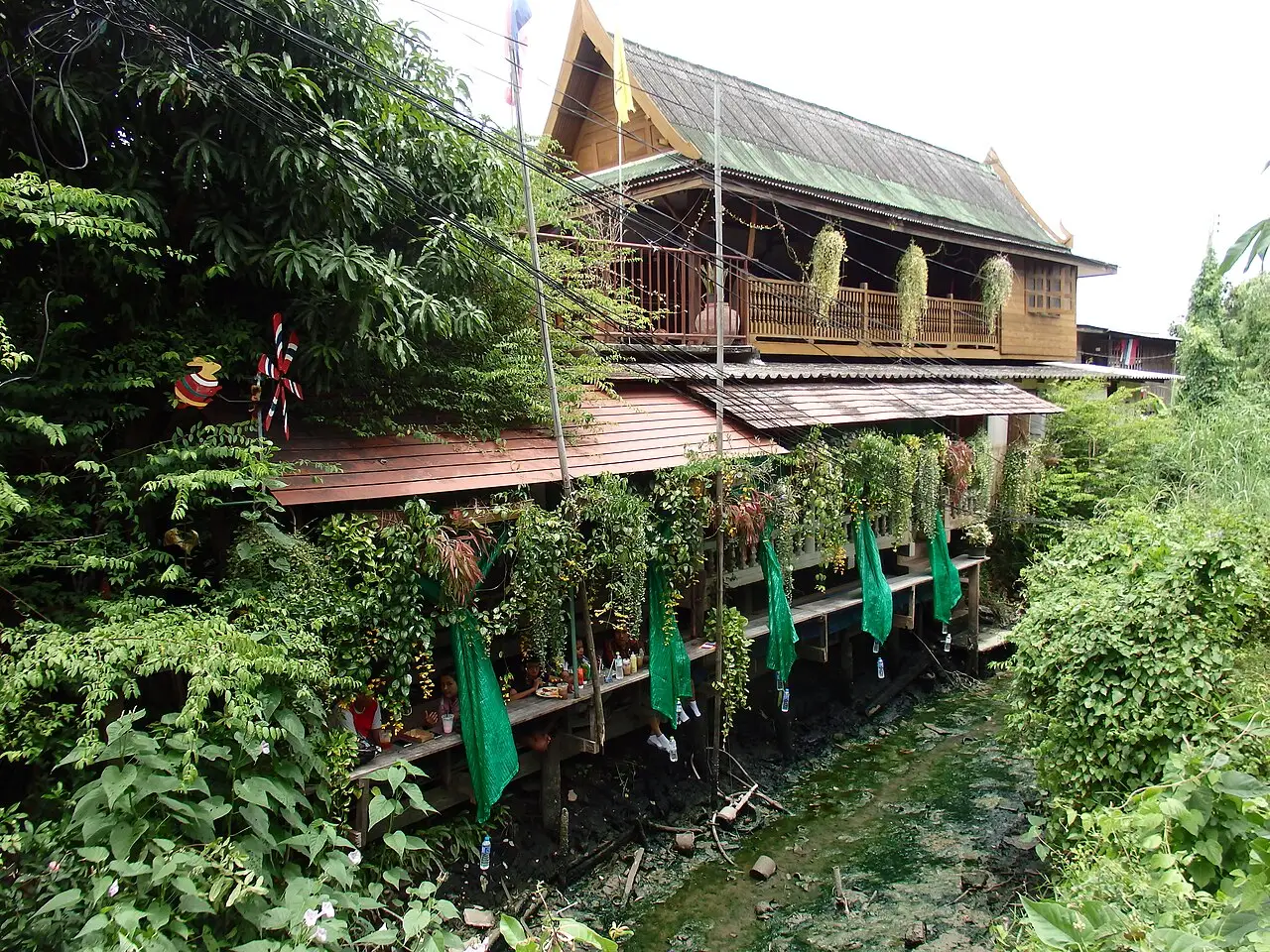 Casa de madeira sobre palafitas à beira de um canal estreito, com plantas na varanda.