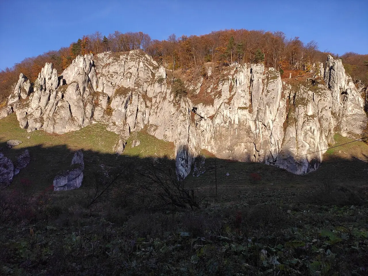 Paredão de calcário claro com pináculos, a formação Rękawica no Parque Nacional de Ojców, com floresta de tons de outono acima e sombra em primeiro plano.