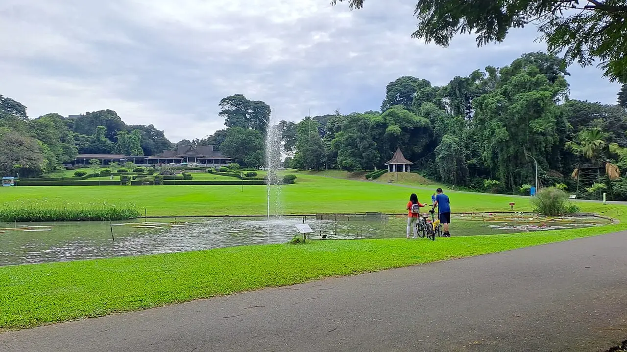 Lago com um jato de água, gramado e árvores altas.